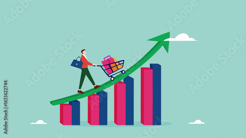 food price inflation, Inflation causing grocery price rising up, food or economic crisis that causes food prices rising up, Businessman push shopping carts filled with food items up the price chart