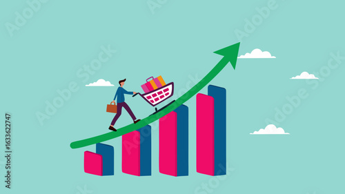 food price inflation, Inflation causing grocery price rising up, food or economic crisis that causes food prices rising up, Businessman push shopping carts filled with food items up the price chart