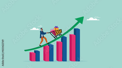 food price inflation, Inflation causing grocery price rising up, food or economic crisis that causes food prices rising up, Businessman push shopping carts filled with food items up the price chart