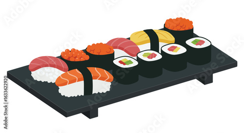 Various types of sushi displayed on a black tray, isometric view