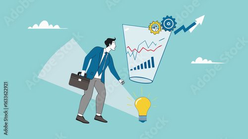 Data scientist, analyze data to produce recommendation and company decision support, analyze data for business insight, businessman analyzing lightbulb idea using magnifying glass for business insight