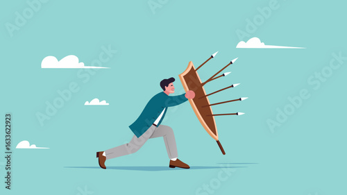 protection from threats, protects from Cyber ​​Threats to Businesses growth, protective shield company data security from cyber attacks, businessman uses a protective shield to ward off arrow attacks
