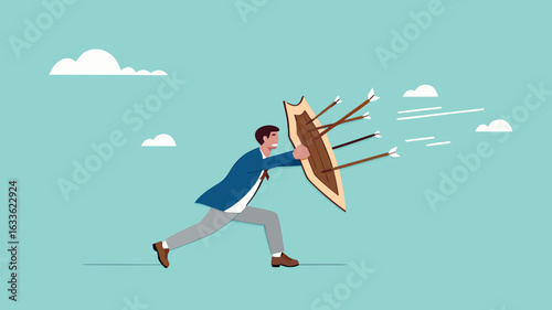 protection from threats, protects from Cyber ​​Threats to Businesses growth, protective shield company data security from cyber attacks, businessman uses a protective shield to ward off arrow attacks