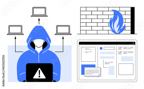 Hooded hacker working on a laptop with warning alert icon, networking laptops, firewall, and data dashboard. Ideal for cybercrime, hacking, online security, data protection, IT risk intrusion