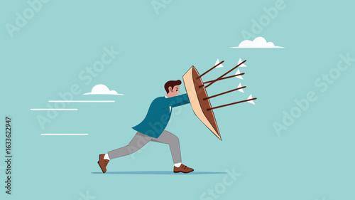 protection from threats, protects from Cyber ​​Threats to Businesses growth, protective shield company data security from cyber attacks, businessman uses a protective shield to ward off arrow attacks