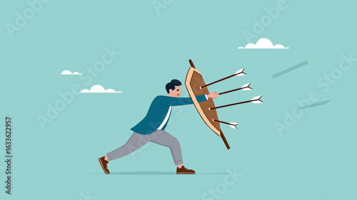 protection from threats, protects from Cyber ​​Threats to Businesses growth, protective shield company data security from cyber attacks, businessman uses a protective shield to ward off arrow attacks