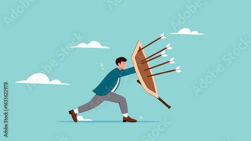 protection from threats, protects from Cyber ​​Threats to Businesses growth, protective shield company data security from cyber attacks, businessman uses a protective shield to ward off arrow attacks