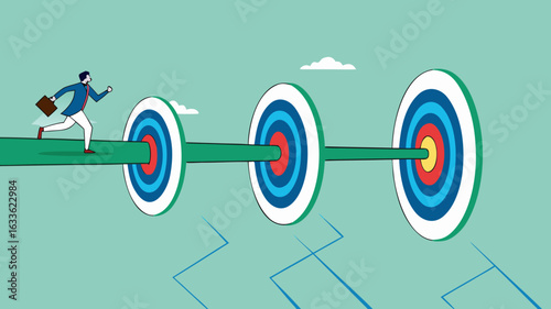 step to reach success or achievement, Short term, mid-term and long term goals, stages to achieve greater success, businessman running to short, medium and long term success target