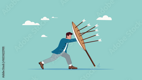 protection from threats, protects from Cyber ​​Threats to Businesses growth, protective shield company data security from cyber attacks, businessman uses a protective shield to ward off arrow attacks