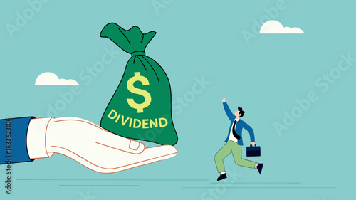 getting dividend from investment with happy businessman receives a bag of dividend money from the businessman's hand