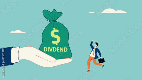 getting dividend from investment with happy businessman receives a bag of dividend money from the businessman's hand