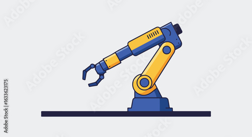 Cartoon illustration of a yellow and blue robotic arm on a dark gray base
