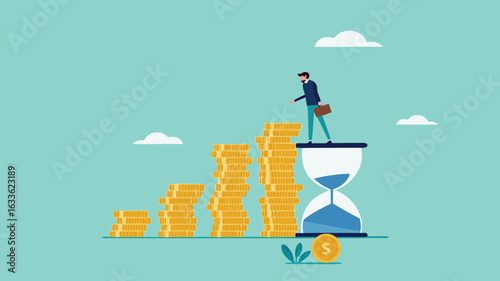 long term investment concept, Growth Earning From Compound Interest In Long Term Investing, businessman makes financial growth graph by stacking gold coins on top of hourglass vector illustration