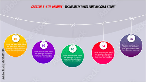 Creative 5-step hanging infographic with ornament-style circles and string bows – colorful step-by-step layout for festive, educational, or business presentations in PowerPoint or marketing visuals