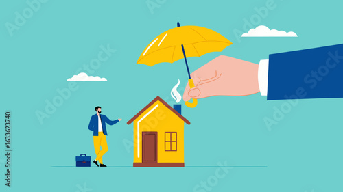 home insurance or homeowners protection, security shield concept, guarantee to protect the house from damage or loss of contents and structure, big businessman hand covers the house and its owner