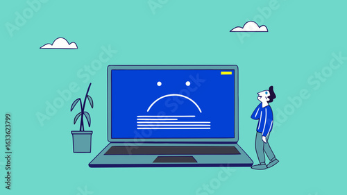 computer outage or blue screen error, common computer problem or server down, incorrect software update, operating system crash or cyber attack, confused people with computer blue screen error