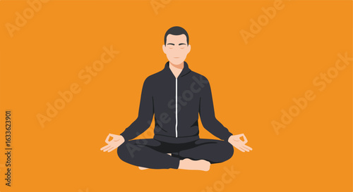 Flat vector of a man meditating in the lotus position on an orange backdrop