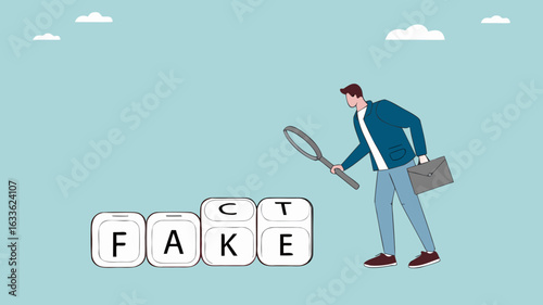 analyze fake or fact, fact or fake concept, Misinformation spread by the tricks of brains, businessman analyzes the cube with the words fact and fake using a magnifying glass