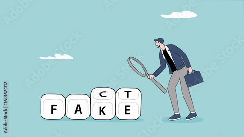 analyze fake or fact, fact or fake concept, Misinformation spread by the tricks of brains, businessman analyzes the cube with the words fact and fake using a magnifying glass