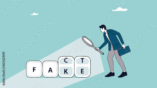 analyze fake or fact, fact or fake concept, Misinformation spread by the tricks of brains, businessman analyzes the cube with the words fact and fake using a magnifying glass