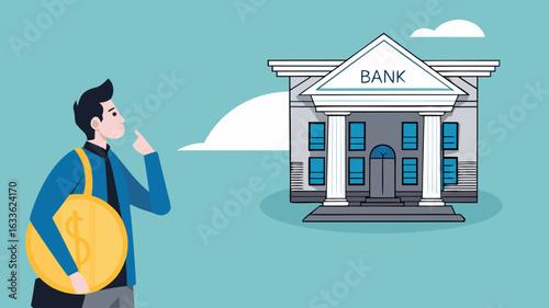 deposit money in a bank vector illustration, object financial investment, cash deposit to the bank, profit in crease concept, businessman bring golden coin into bank building concept illustration
