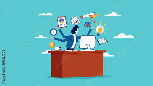 professional businessman manage multiple project at the some time work with computer, multiple project management concept illustration, juggle multiple project concept, multitalented worker concept