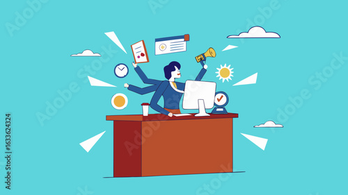 professional businessman manage multiple project at the some time work with computer, multiple project management concept illustration, juggle multiple project concept, multitalented worker concept