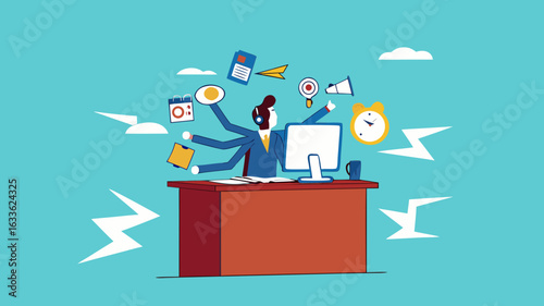 professional businessman manage multiple project at the some time work with computer, multiple project management concept illustration, juggle multiple project concept, multitalented worker concept