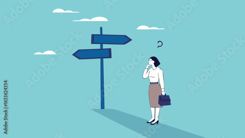 choose a new career path, confused businesswoman about choosing his career direction, make life decision choice, decide the right or wrong direction