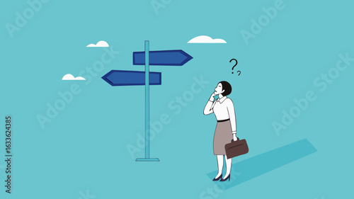 choose a new career path, confused businesswoman about choosing his career direction, make life decision choice, decide the right or wrong direction
