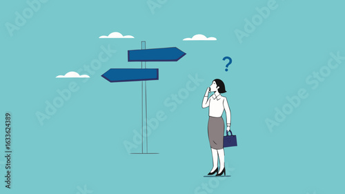 choose a new career path, confused businesswoman about choosing his career direction, make life decision choice, decide the right or wrong direction