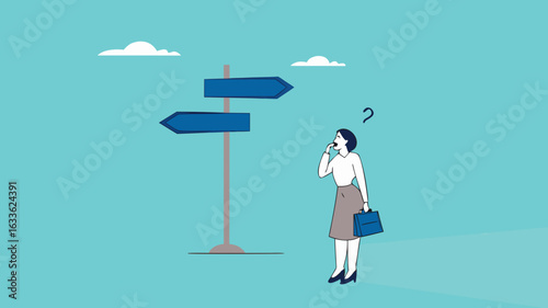 choose a new career path, confused businesswoman about choosing his career direction, make life decision choice, decide the right or wrong direction