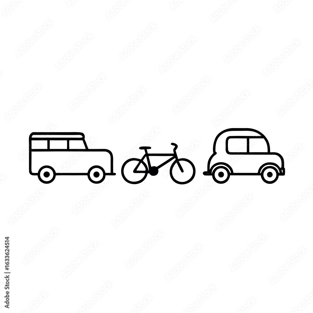Fototapeta premium A row of vintage vehicles van, bicycle, car.