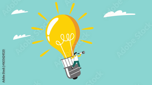 looking for business opportunities with knowledge, creative idea to see business opportunity, businesswoman riding a light bulb-shaped hot air balloon to observe business opportunities