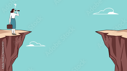 creative problem solving at work illustration with the concept of a businesswoman who is looking for a way to cross the gap between two cliffs, challenge at work