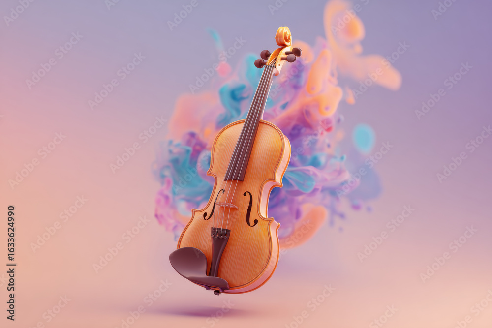 Fototapeta premium Elegant Violin Surrounded by Colorful Abstract Smoke Swirls