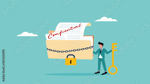 confidential document or important business document, secret security key for privacy protection, security for save important files or documents, businessman lock document folder with security padlock