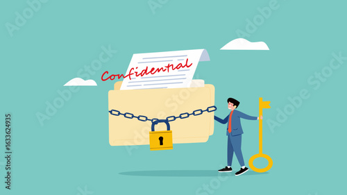 confidential document or important business document, secret security key for privacy protection, security for save important files or documents, businessman lock document folder with security padlock