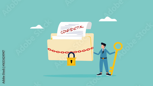confidential document or important business document, secret security key for privacy protection, security for save important files or documents, businessman lock document folder with security padlock
