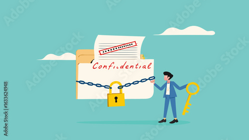confidential document or important business document, secret security key for privacy protection, security for save important files or documents, businessman lock document folder with security padlock