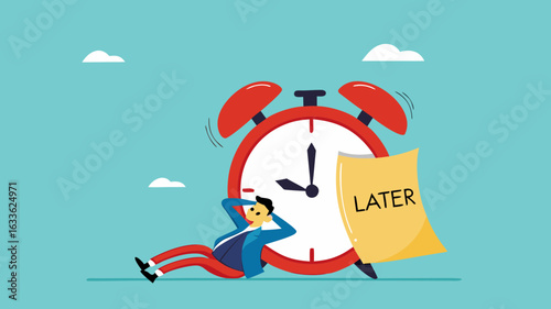Procrastination or wasting work time with businessman sleeping leaning on an alarm clock with the word later written on paper sticky notes, delaying work or wasting time, laziness to do a task or job