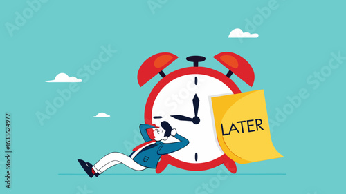 Procrastination or wasting work time with businessman sleeping leaning on an alarm clock with the word later written on paper sticky notes, delaying work or wasting time, laziness to do a task or job