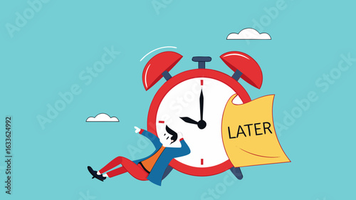 Procrastination or wasting work time with businessman sleeping leaning on an alarm clock with the word later written on paper sticky notes, delaying work or wasting time, laziness to do a task or job