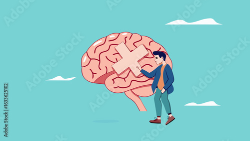 businessman treats Human Brain With Adhesive Plaster, businessman placing bandage on injury, healing or relaxation of the mind