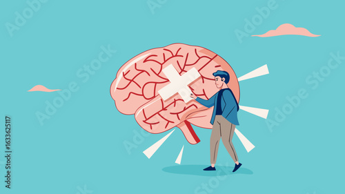 businessman treats Human Brain With Adhesive Plaster, businessman placing bandage on injury, healing or relaxation of the mind