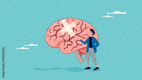 businessman treats Human Brain With Adhesive Plaster, businessman placing bandage on injury, healing or relaxation of the mind