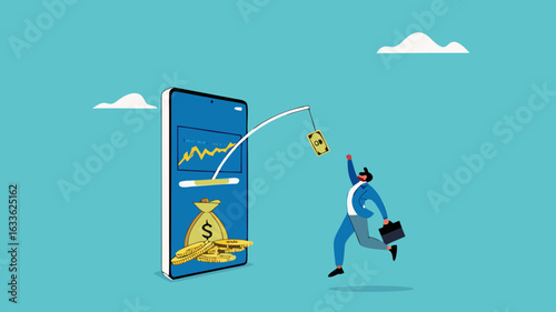 phone scam with fraud investment offers, social media crime with theft of personal data, happy man who is tempted by fake investment offers that are detrimental and threaten personal data