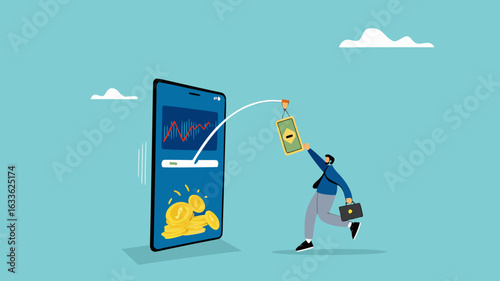 phone scam with fraud investment offers, social media crime with theft of personal data, happy man who is tempted by fake investment offers that are detrimental and threaten personal data