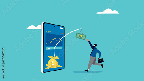 phone scam with fraud investment offers, social media crime with theft of personal data, happy man who is tempted by fake investment offers that are detrimental and threaten personal data