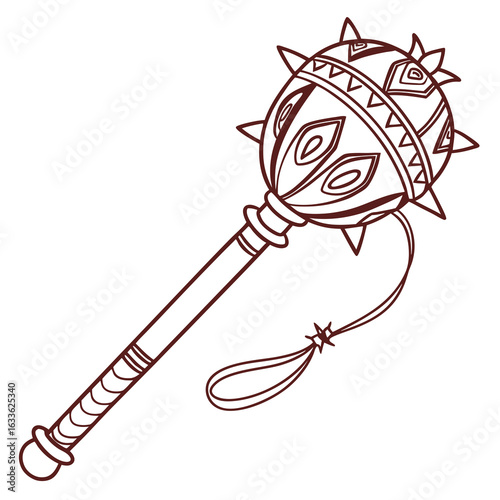 Ornate, spiked mace with decorative handle and cord.